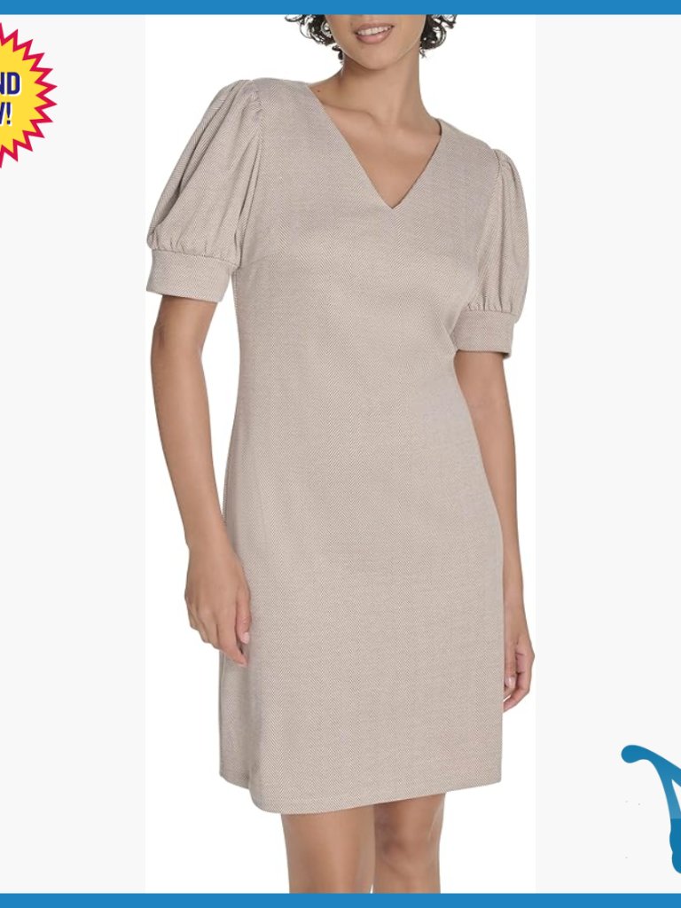 Short Puff Sleeve V-Neck Shift Mini Dress, Knit Fabric, Work To Dinner